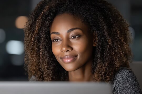 Close up portrait of an attractive smiling young African American woman working on a laptop with curly brown hair and a grey sweater in her office at night.