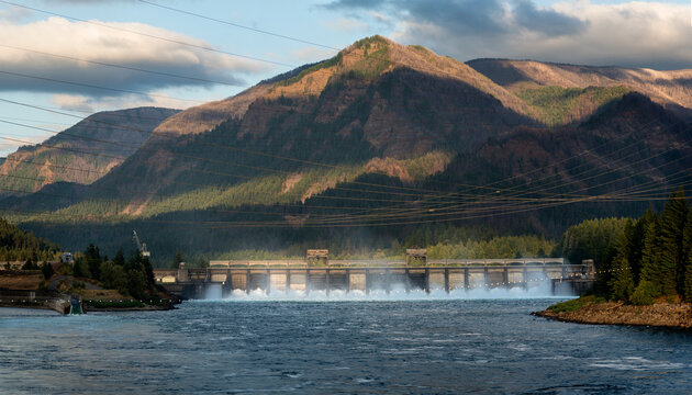 USA, Oregon, Portland.  The Hydroelectric Bonneville Hydroelectric Dam, on the Columbia River upstream from Portland