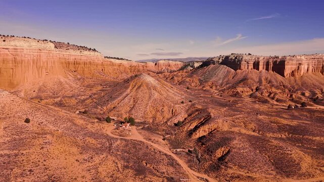 Drone aerial view of red desert canyon erosion formations, Teruel, Spain
