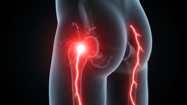Human body illustration shows glowing red pain in the lower back and leg