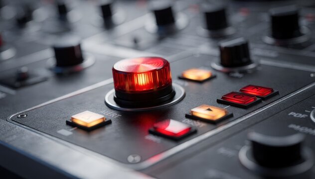 Focused view of an active alert encoder on a sleek control panel showing illuminated buttons with the surrounding equipment out of focus.