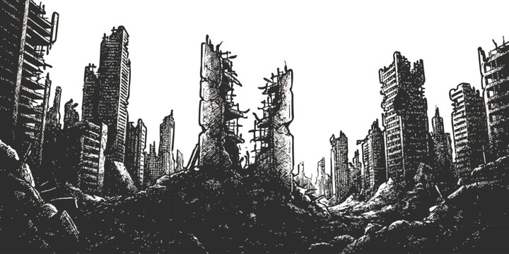 Post-apocalyptic ruined city landscape with destroyed skyscrapers hand drawn sketch style vector illustration