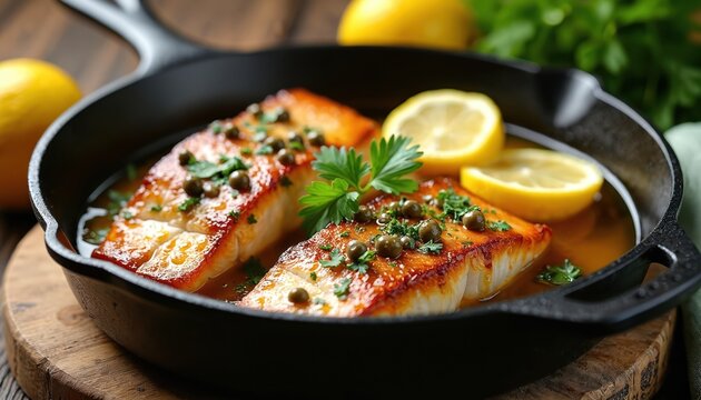 Two seared fish fillets with lemon and herbs in a cast iron pan. Delicious meal cooked in kitchen, ready to eat. Fresh seafood dish prepared with capers.