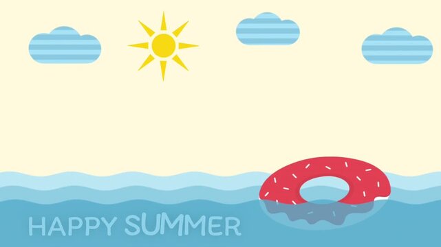 Children's Summer Animation. Donut Swim Ring, Sun, Clouds, Waves Water. Animated Text Happy Summer. Video in Blue, Red, White, Yellow