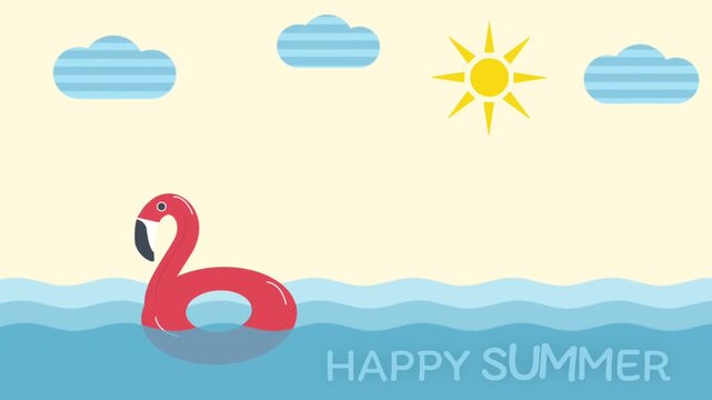 Children's Summer Animation. Flamingo Swim Ring, Sun, Clouds, Waves Water. Animated Text Happy Summer. Video in Blue, Red, White, Yellow