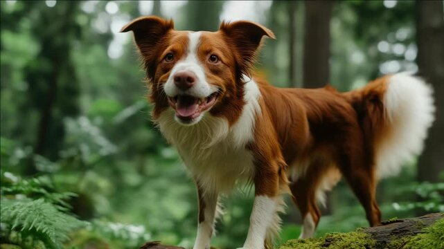 An active, happy-go-lucky dog with a brown and white coat walks on a natural trail through the woods.