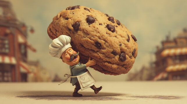 Charming chef character in a baker's hat and apron carries a giant chocolate chip cookie with a proud smile, whimsical street scene background