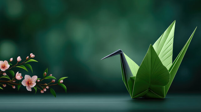 Origami crane representing peace and hope, standing beside delicate cherry blossom branches with pink flowers on a reflective dark surface, symbolizing resilience and tranquility