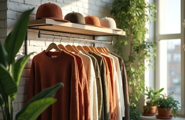 Fototapeta premium Warm earth tone sweaters and caps displayed on rack in shop. Natural light illuminates cozy apparel and plants. Clothing store racks feature knitwear variety. Perfect for autumn fashion retail.