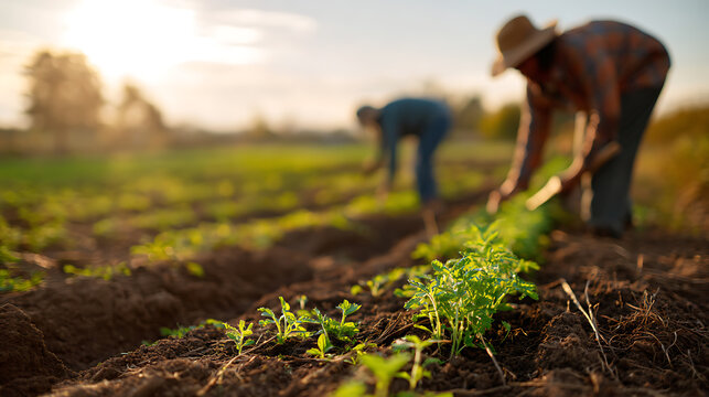 Two farmers cultivate young crops in rich soil at sunrise, showcasing dedication and growth in a vibrant green field backdrop