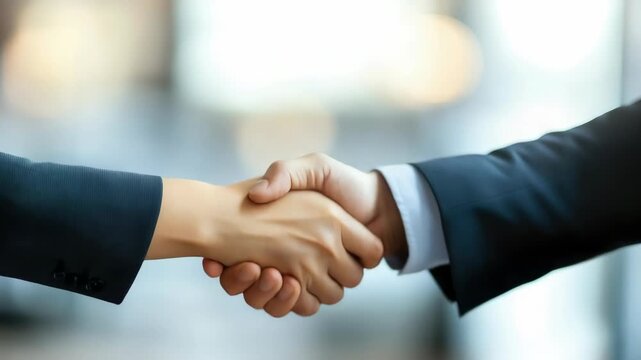 Handshake between two business partners over a table, signifying agreement on deal terms or professional partnership.