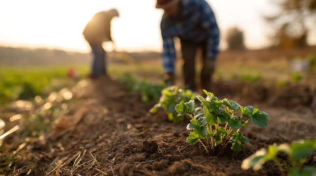 Farmers work a vibrant green crop field at sunrise, cultivating new growth and ensuring a sustainable harvest under warm, golden light