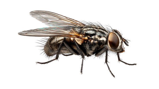 Realistic house fly macro isolated on transparent PNG background representing pest control, hygiene issues, contamination risk and insect anatomy detail