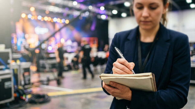 Female event coordinator taking notes at a blurred concert stage venue