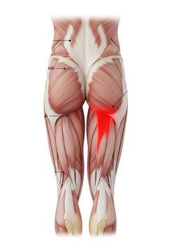 detailed 3d rendering of human posterior leg muscles, adductor magnus highlighted crimson red on a white background, demonstrating anatomical study concept