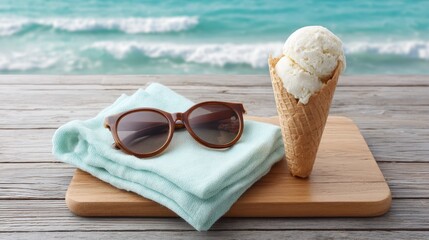 Fototapeta premium Sunglasses and folded towel with vanilla ice cream cone on wooden table by the sea, symbolizing summer beach vacation and relaxation,