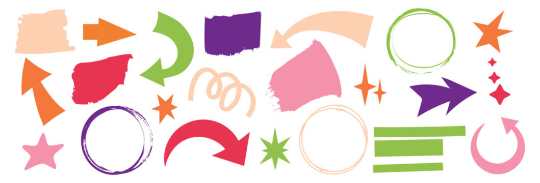 Large set of colorful hand-drawn design elements in grunge style. Vector collection of arrows, stars, circles, brush strokes and abstract shapes isolated on white background for creative projects, soc