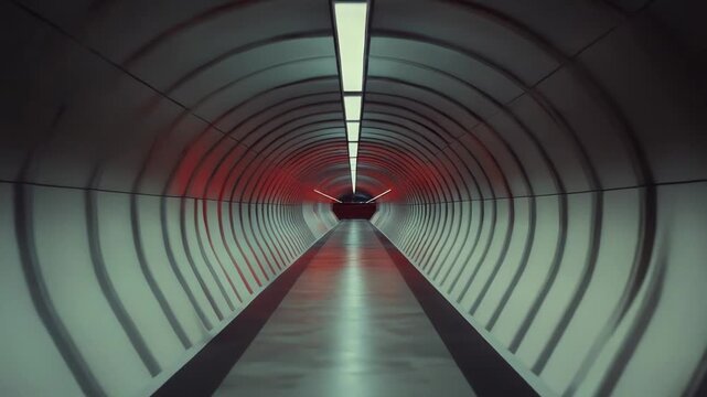 Long futuristic tunnel interior with sleek metallic surfaces and modern design, creating a sense of advancement and journey into a potential unknown future