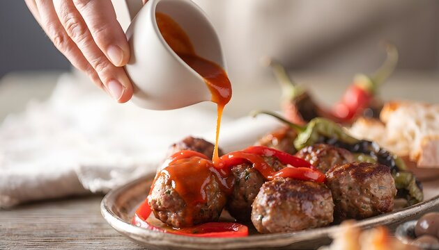 Drizzling Red Pepper Sauce over Mini Alb&oacute;ndigas