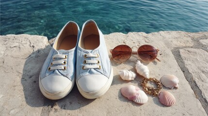 Fototapeta premium Casual sneakers, sunglasses, seashells and bracelet on stone pier by clear blue sea, evoking relaxed summer beach vacation mood,