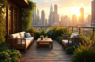 Fototapeta premium Rooftop terrace with wooden furniture and lush plants offers city skyline view. Relaxing urban oasis at sunset with diverse vegetation and flowers provides peaceful outdoor space.