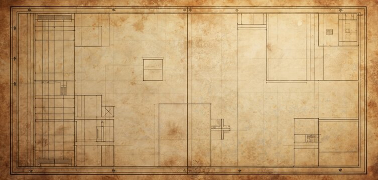 Architectural blueprint lines on old paper background texture. Drawing shows floor plan with grid. Vintage construction plan, design draft layout for building project.