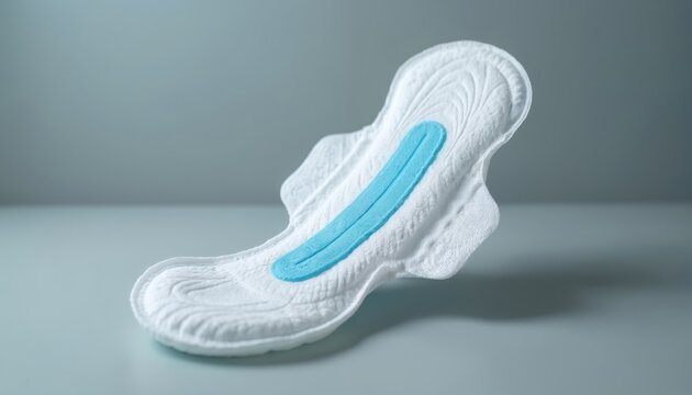 White sanitary pad with blue absorption strip offers discreet feminine hygiene and comfort. Absorbent hygiene product for personal care and menstrual cycle needs. Safe and gentle for sensitive skin.