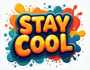 Obraz premium Graffiti art text says Stay Cool in bubble letters. Vibrant splashes of paint form a lively background. Colorful design promotes fun and positivity with bold lettering. Urban street style graphic.