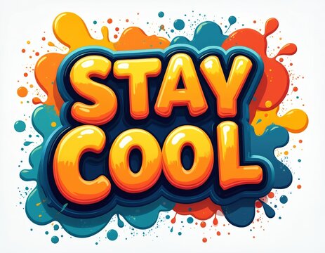 Graffiti art text says Stay Cool in bubble letters. Vibrant splashes of paint form a lively background. Colorful design promotes fun and positivity with bold lettering. Urban street style graphic.