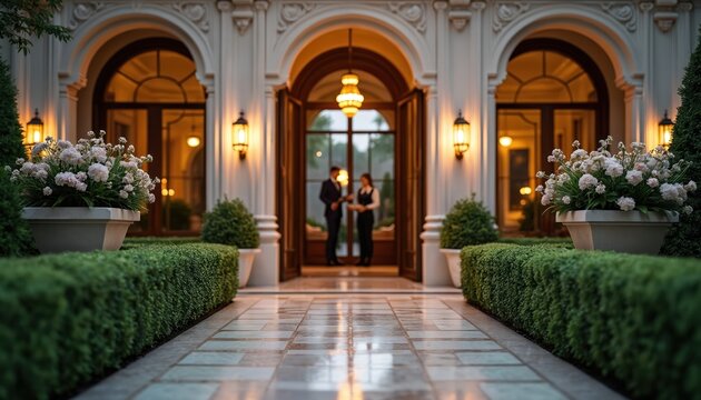 Man and woman in suits stand near ornate hotel entrance, flanked by rich hedges and flowers. Grand building facade features arched windows and warm lighting.