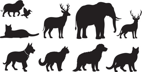 Fototapeta premium Animals Silhouette Vector Set – Lion Elephant Dog Cat Bird Realistic Black Icons