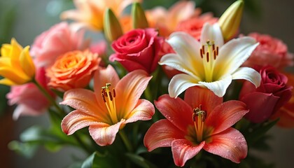 Fototapeta premium Vibrant bouquet of lilies and roses with dew drops. Colorful fresh flowers arrangement. Perfect for celebration, gift, or decor. Nature beauty.