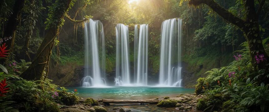Environmental Conservation Concept Waterfall In Lush Green Forest Slow Motion B-Roll For Nature Tourism Campaign.