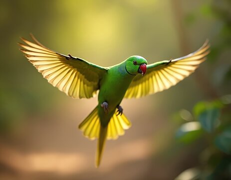 Green parakeet bird flies with wings spread wide. This wild parrot shows bright green feathers and red beak detail. Focus on avian life in motion, natural habitat.