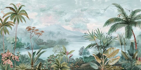 Naklejka premium Wallpaper serene tropical landscape painting in pastel tones 