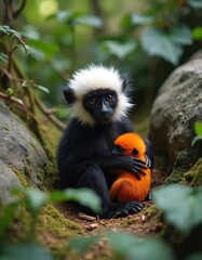 Fototapeta premium Two monkeys black and white adult embraces vivid orange baby. Monkeys sit on mossy ground in forest. Mother holds infant close under green leaves.
