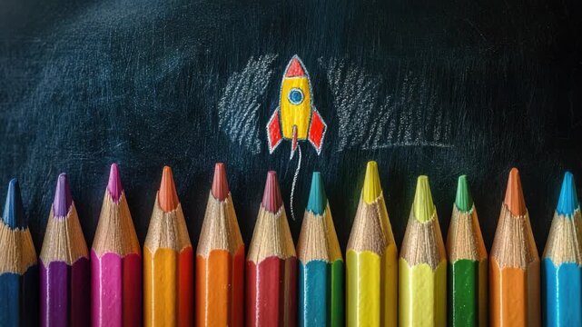 Set of colorful pencils arranged in front of space theme background with rocket and astronaut.