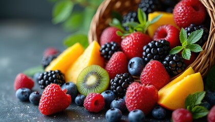 Obraz premium Variety of fresh berries like strawberries raspberries blueberries and blackberries spilling from woven basket alongside mango slices and kiwi. Healthy natural fruits arranged for eating.