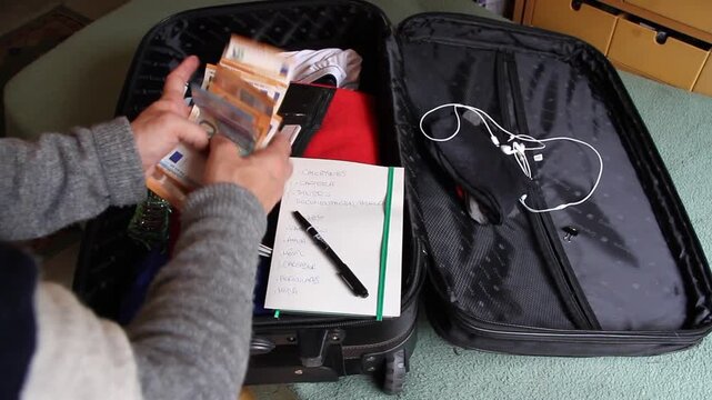Dinero en maleta de viaje, pasaporte y equipaje con lista para empacar