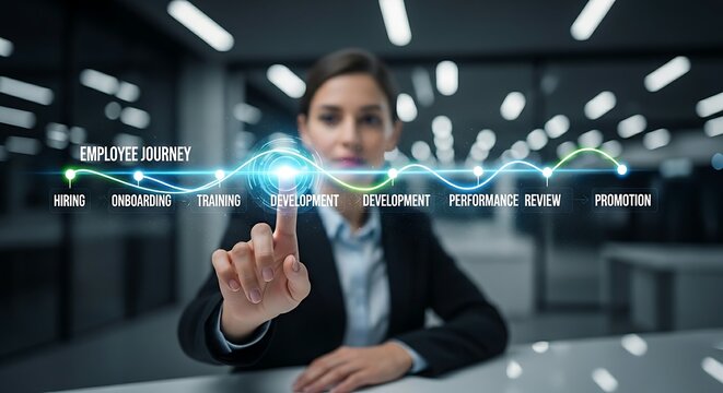 Employee journey concept. A manager's hand slides along a holographic timeline showing the employee lifecycle, from hiring to promotion and development.