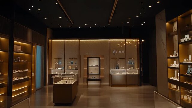 Modern retail boutique presenting a wide array of exquisite jewelry and accessories in elegant illuminated display cases, signifying prestige and exclusive shopping experience