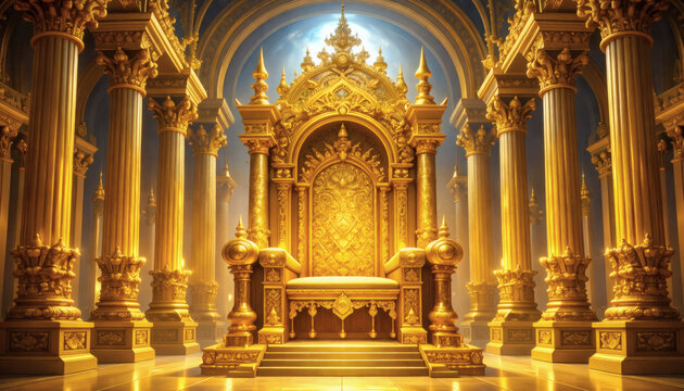 Ornate golden throne in grand palace hall with luxurious architecture