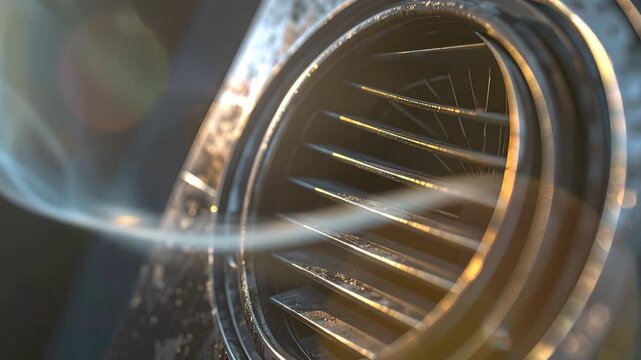 Abstract Vent with wispy smoke: A close-up view unveils an intricate metal vent, artfully accentuated by subtle wisps of smoke that evoke an enigmatic aura.