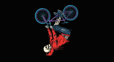 Naklejka premium Skeleton BMX rider performing a stunt on a bicycle against a dark background