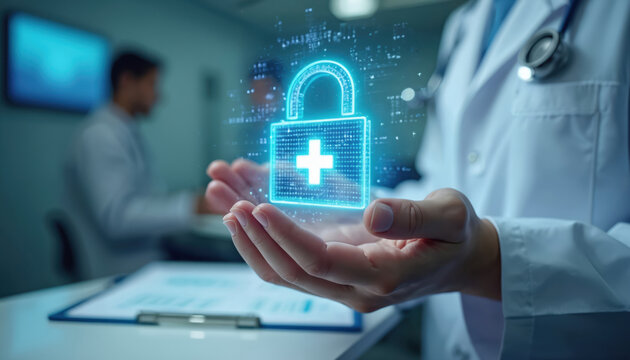 Doctor holds glowing lock symbol with plus sign in medical clinic. Digital security protects patient health data online. HIPAA compliance ensures safe information handling.