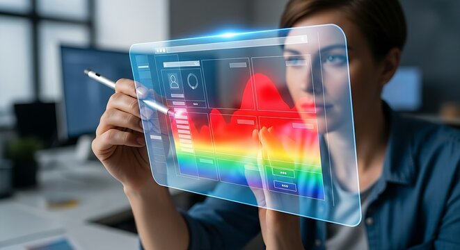 Heatmap analysis concept. A UX specialist's hand draws a heatmap over a website hologram, showing areas of high user interaction in bright red.