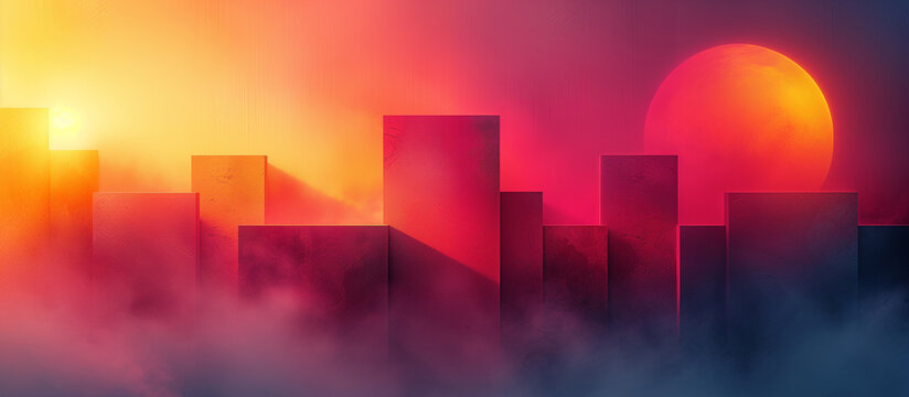 Abstract geometric background. Sunset in the city poster. 