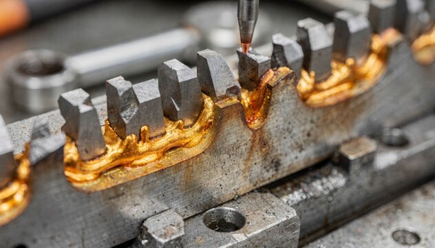 Closeup medium shot of a metalcutting blade brazing process highlighting the secure attachment of carbide teeth to steel bases with highstrength brazed joints.