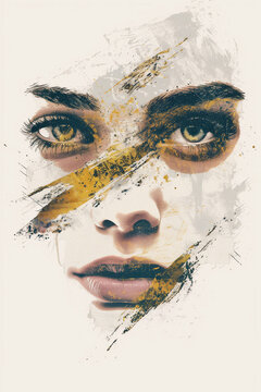 Abstract grunge woman face watercolor portrait. Artistic female eyes and lips illustration with paint splashes, ink strokes, and gold gold foil texture element.
