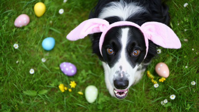 Easter egg hunt on spring lawn, black and white dog wearing pink bunny ears, colorful painted eggs scattered in grass, playful pet holiday celebration, cheerful family moment